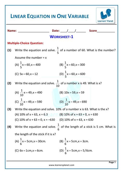 Linear Equations In One Variable Worksheet Martin Lindelof