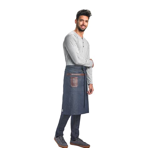 Metro Edge® Wyatt Mid Bistro Apron Indigo Denim With Brown Leather