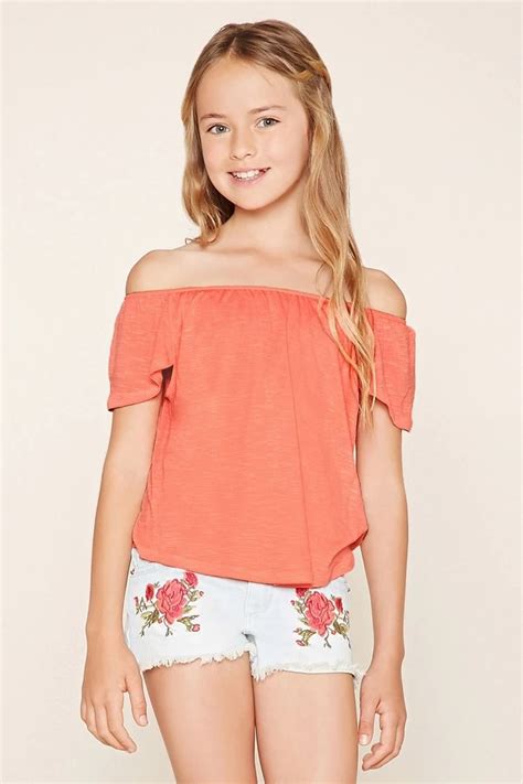 Forever 21 Girls A Slub Knit Off The Shoulder Top With Cap Sleeves An Elasticized Neckline