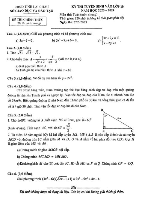 Đề thi vào môn Toán chung năm 2023 2024 sở GD ĐT Lai Châu Bản PDF