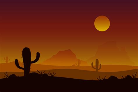 Sunset Desert Vector With Sun Cactus Background 558131 Vector Art At Vecteezy