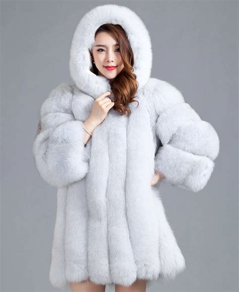 2017 Luxury Ladies Real Fox Fur Coat Jacket Cotton Lining With Hooded