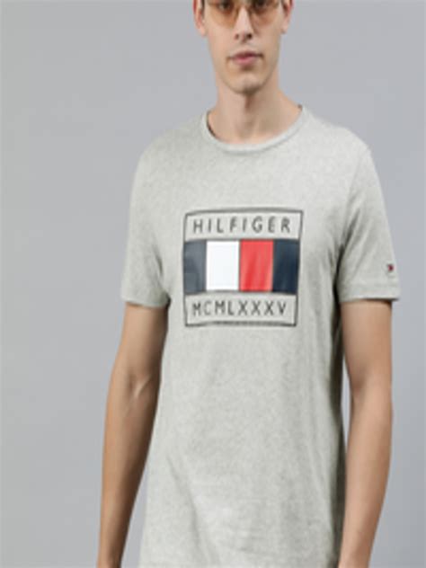 Buy Tommy Hilfiger Men Grey Melange Printed Round Neck Pure Cotton T