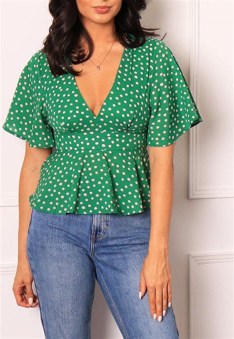 Polka Dot Open Back Peplum Hem Polka Dot Blouse Top In Green And White