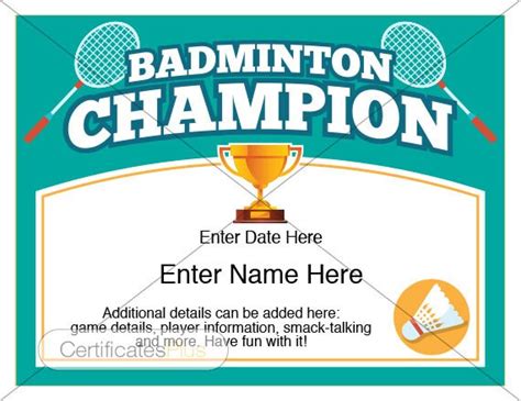 Editable Badminton Certificate Kid Certificate Champion Award