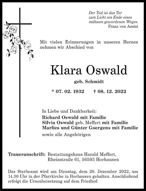 Traueranzeigen Von Klara Oswald Rz Trauer De