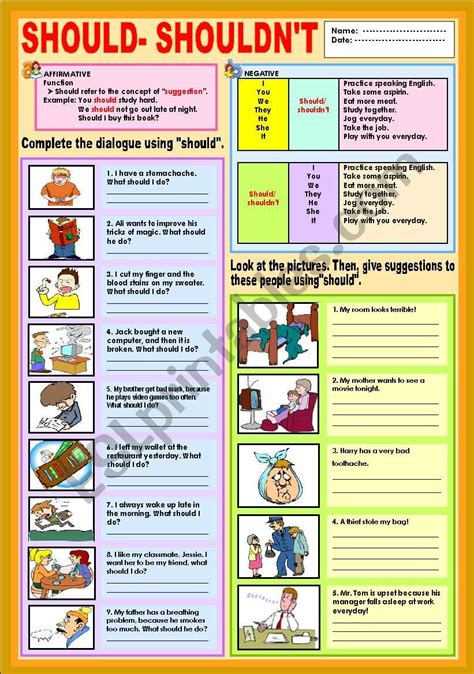 SHOULD SHOULDNT Worksheet Grammar Worksheets Micro Teaching Ideas