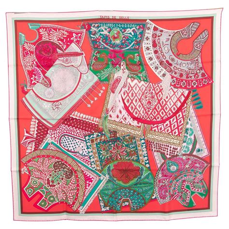 Hermes Silk Tapis De Selle Twill Scarf Rose Vif Vert Bordeaux For