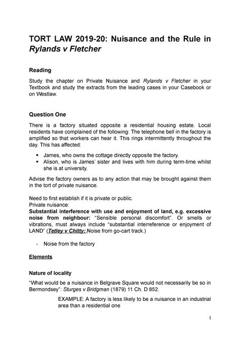 Nuissance Tutorial Tort Law 2019 20 Nuisance And The Rule In Rylands