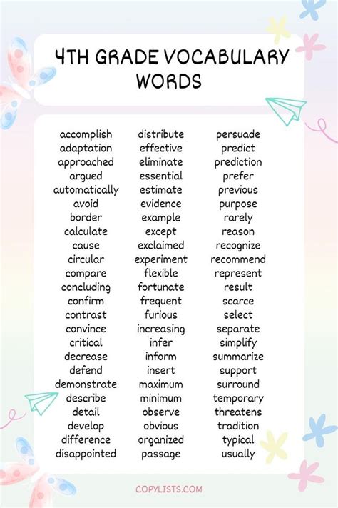 List Of 4th Grade Vocabulary Words 4th Grade Vocabulary Words 4th