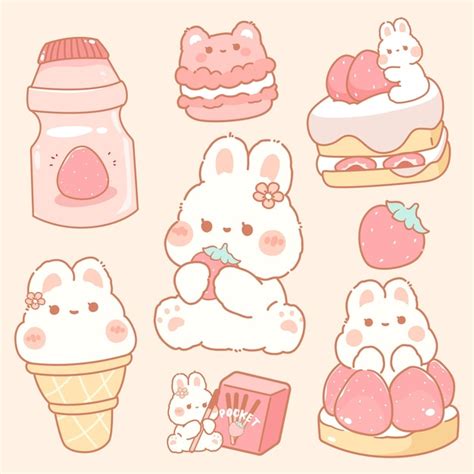 Linda Comida Kawaii De Postre De Fresa Con Lindos Elementos De Conejo