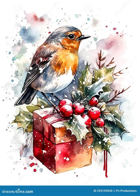 Watercolor Christmas Composition With Robin Bird And A Berry Branch