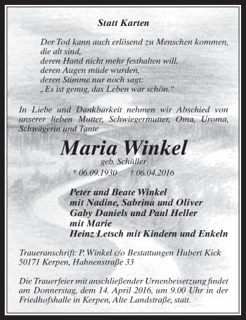 Traueranzeigen Von Maria Winkel WirTrauern