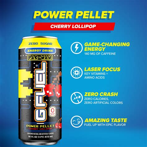 Pac Man Power Pellet Cherry Lollipop Energy Drink 16 Oz Can 12 Pack