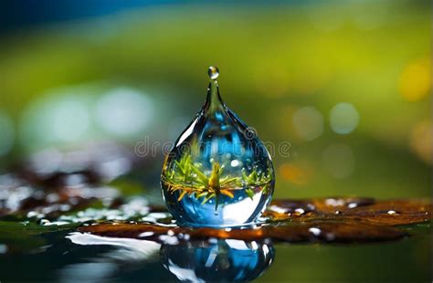 Crystal Clear Water Drop Resting On Autumn Leaves With Reflective