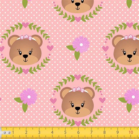 Tecido Tricoline Estampado Urso Floral Rosa Oma Tecidos Enxovais