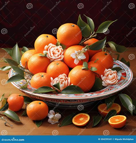 Mandarin Orange On Traditional Pattern Plate Background Chinese New