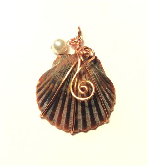 Copper Wire Wrapped Scallop Seashell Pendant With White Etsy In 2020