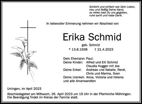 Traueranzeigen Von Erika Schmid Schwaebische De Trauerportal