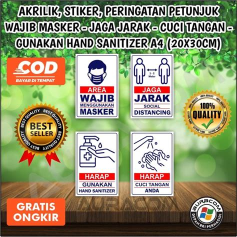 Akrilik Stiker Peringatan Petunjuk Wajib Masker Jaga Jarak Cuci