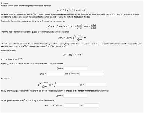 Solved 1 Point Given A Second Order Linear Homogeneous