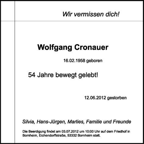 Traueranzeigen Von Wolfgang Cronauer Trauer In Nrw De