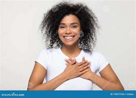 Headshot Portrait American Woman Holding Hand on Heart Feels Gratitude Stock Image - Image of ...