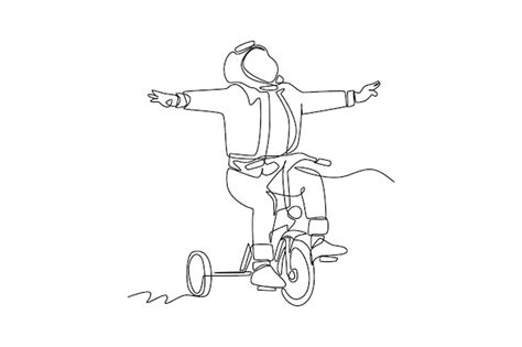 Dibujo de una sola línea niño feliz montando en bicicleta con casco