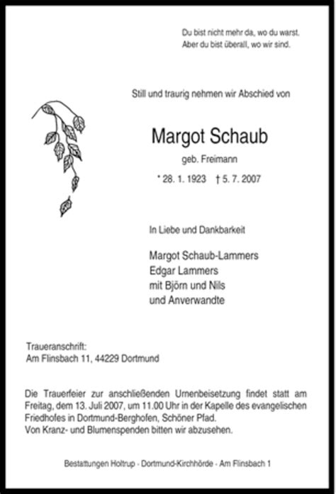 Trauer Und Todesanzeigen Von Margot Schaub Trauer De