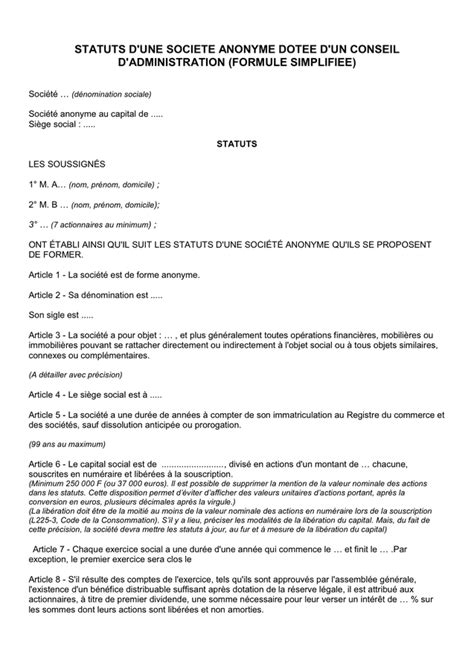 Mod Le De Statuts T L Chargement Gratuit Documents Pdf Word Et Excel