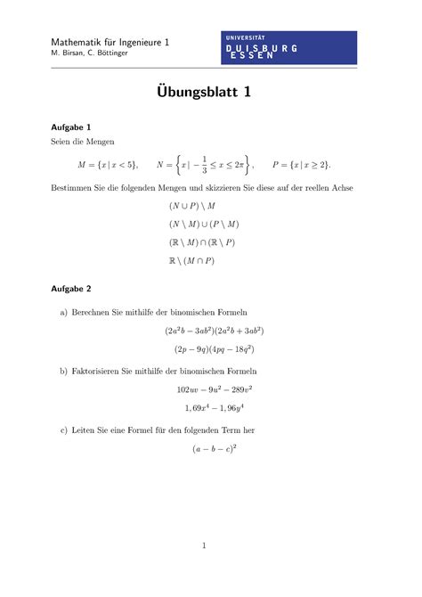 Mathematik 1 Unterlagen Uni DUE Übung Mathematik fur Ingenieure 1 M