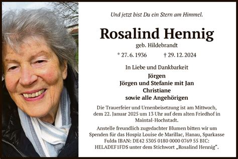 Traueranzeigen Von Rosalind Hennig Trauer Op Online De