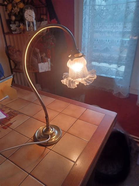 Ancienne lampe col de cygne en laiton et verre pressé blanc Luckyfind