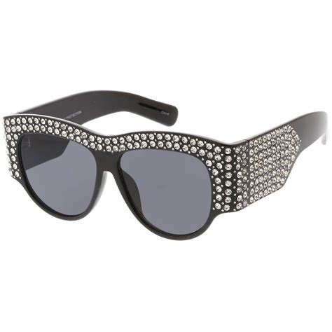 Womens Handcrafted Oversize Horned Rim Rhinestone Sunglasses Zerouv