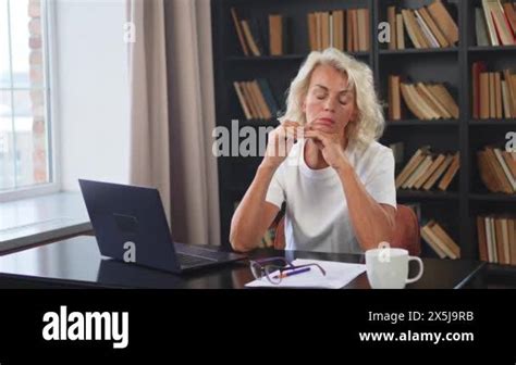 Headache Pain Middle Aged Woman Touching Temples Experiencing Stress Mature Old Lady Tired Of