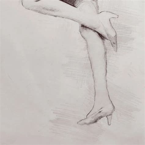 Standing Nude Female Pencil Drawing Naked Woman Pose Arms Heels Hot