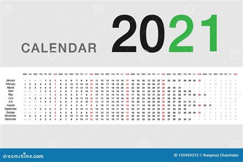 Year 2021 Calendar Horizontal Vector Design Template Simple And Clean