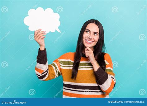 Photo Of Dreamy Sweet Lady Dressed Striped Pullover Arm Chin Holding