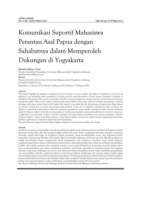 Pdf Komunikasi Suportif Mahasiswa Perantau Asal Papua Dengan