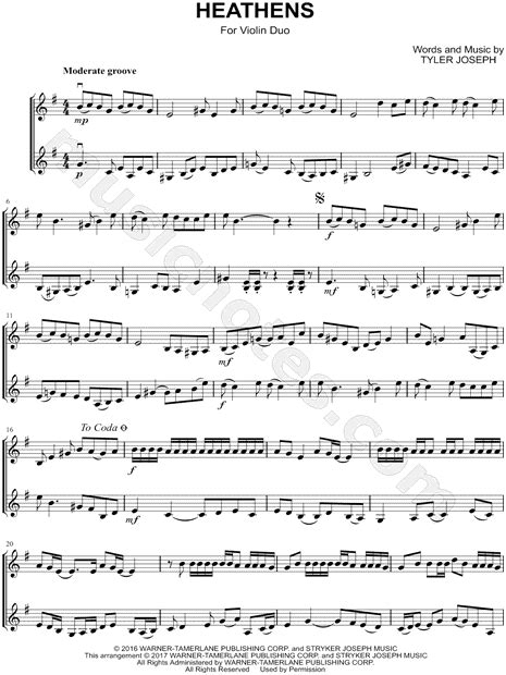 Twenty One Pilots Heathens Violin Duet Sheet Music In G Major Download And Print Sku