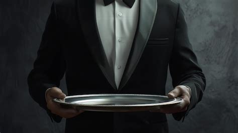 Premium Photo Butler In Tuxedo Holding Silver Tray