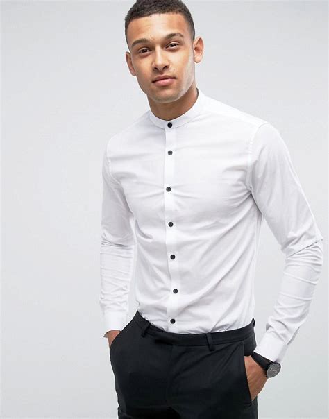 Asos Slim Shirt In White With Grandad Collar And Contrast Buttons Wh