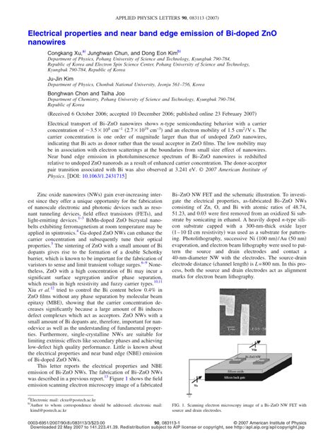 Pdf Electrical Properties And Near Band Edge Emission Of Bi Doped Zno Nanowires