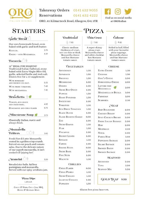 ORO Italian Glasgow's full menu online