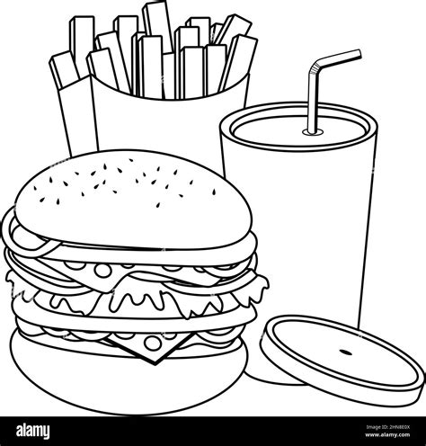 Fast Food Hamburger French Fries And Drink Vector Black And White Coloring Page Stock Vector