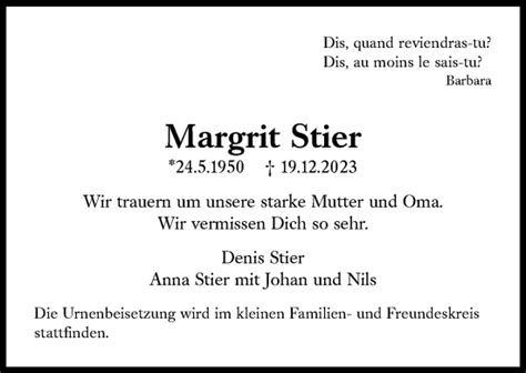 Traueranzeigen Von Margrit Stier Sz Gedenken De