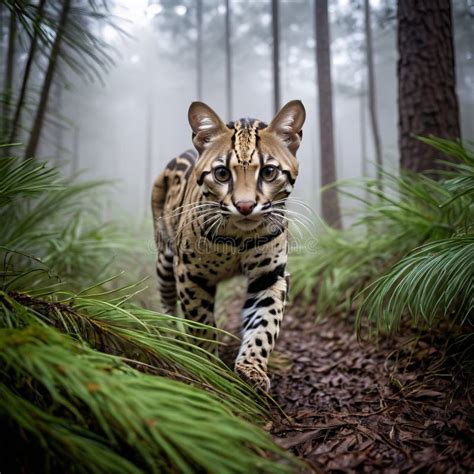 A Cunaguaro Ocelot Prowling Through A Dense Mistcovered Forest The