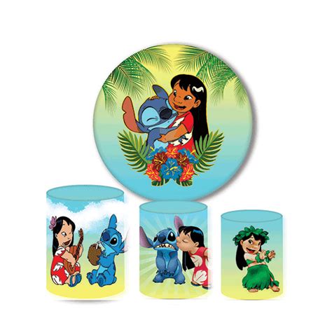 Painel Aniversário Festa Lilo e Stitch Trio Capas Cilindros Veste