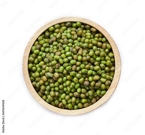 Top View Flat Lay Green Mung Bean Vigna Radiata In Wood Bowl Isolated