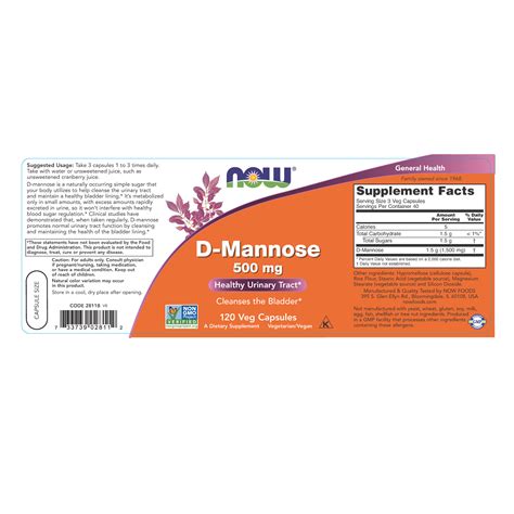 Now Foods D Mannose 500mg X120caps